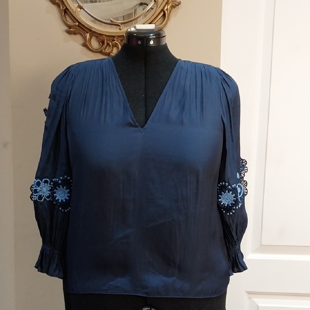 Nwt Large Ramy Brook Deep Blue Blouse with Floral Details